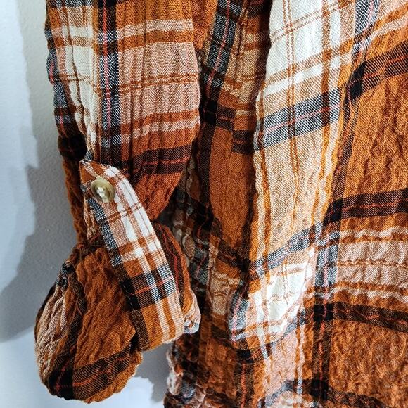 Jane and Delancey Women Shirt Plaid Button Long Tab Sleeve Orange Crinkle Medium - Picture 6 of 12